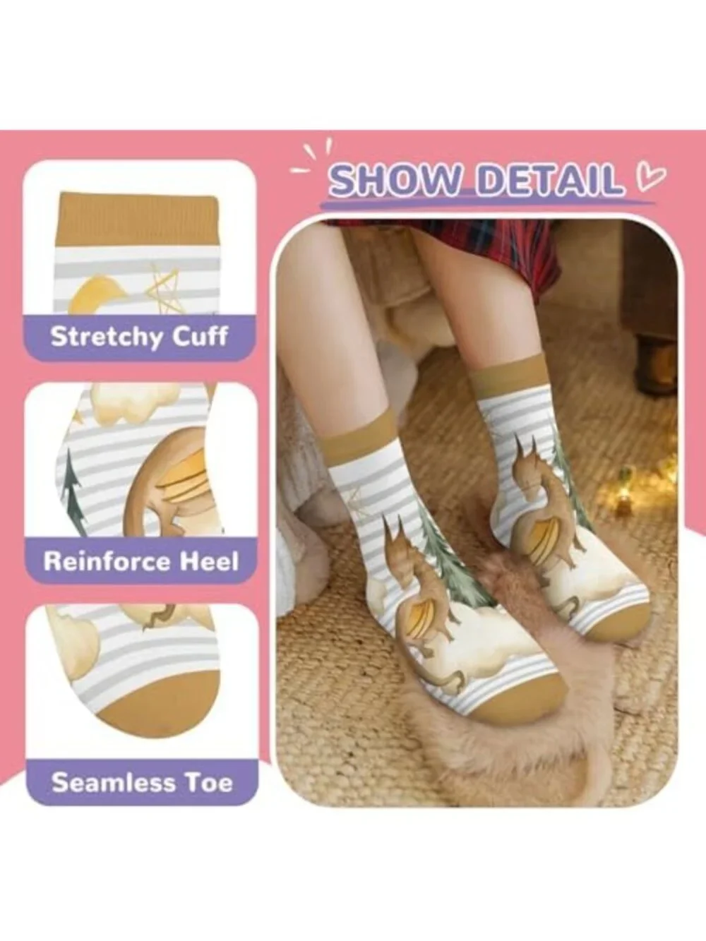 Funny Animal Printed Socks for Kids - Sloth, Dinosaur, Bee & Monkey - 6 Pairs